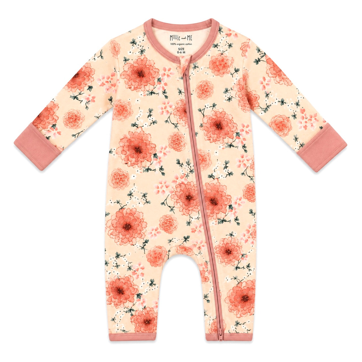 Organic cotton baby zip-up romper with pretty coral floral print and pink trim – Millie and Me babywear