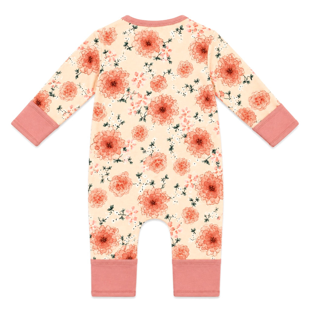 Organic cotton baby romper with pretty coral floral print, long sleeves and pink cuffs – Millie and Me babywear