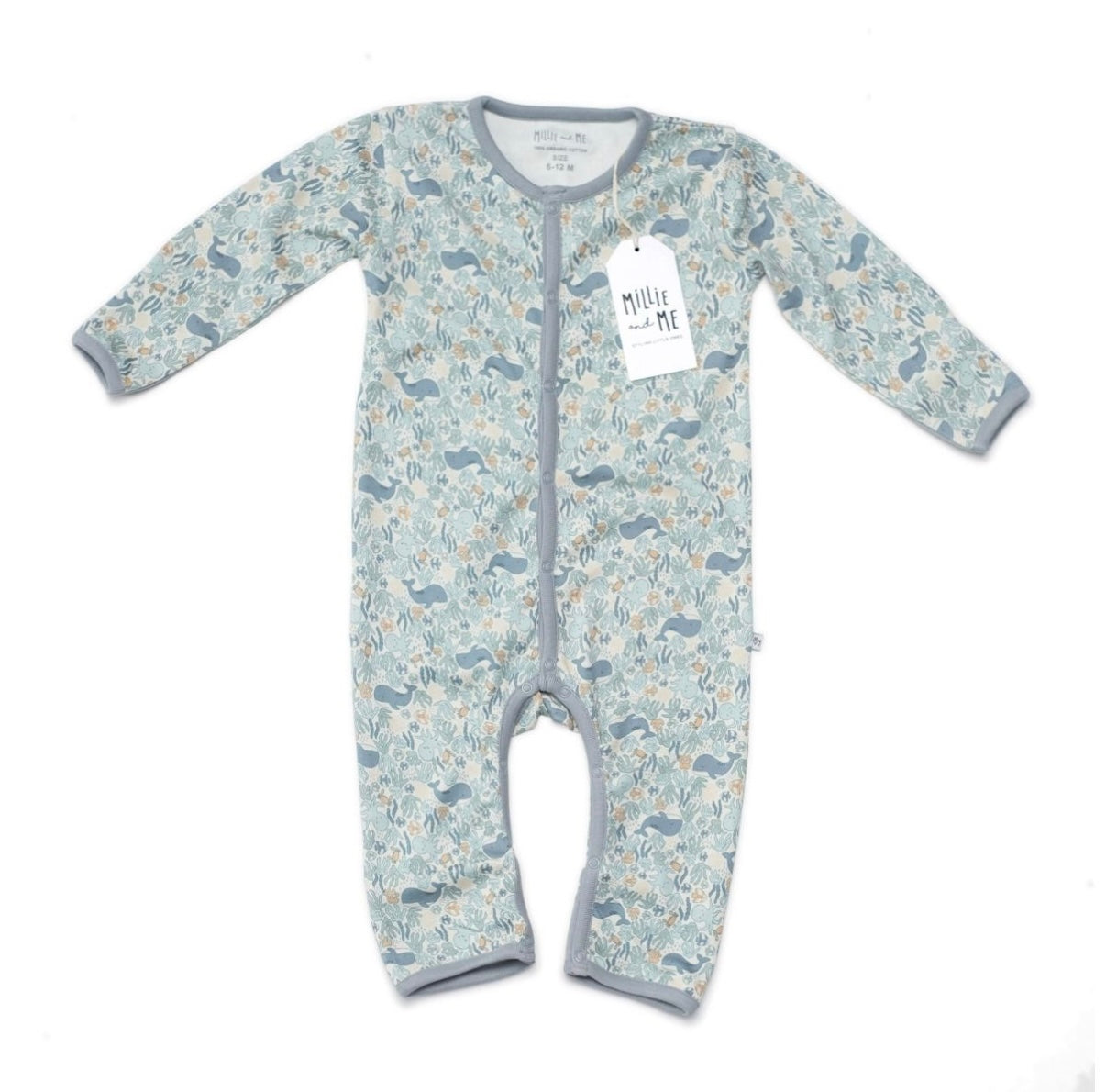 A baby long-sleeve footless one-piece sleeper with an allover woodland animal print in shades of blue, grey, and beige. The garment features a grey trim and ribbed cuffs and hem, with a white 'Millie and Me' brand tag attached.