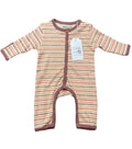 A baby long-sleeve footless romper with horizontal stripes in beige, brown, and muted red, featuring brown trim and a white hangtag.
