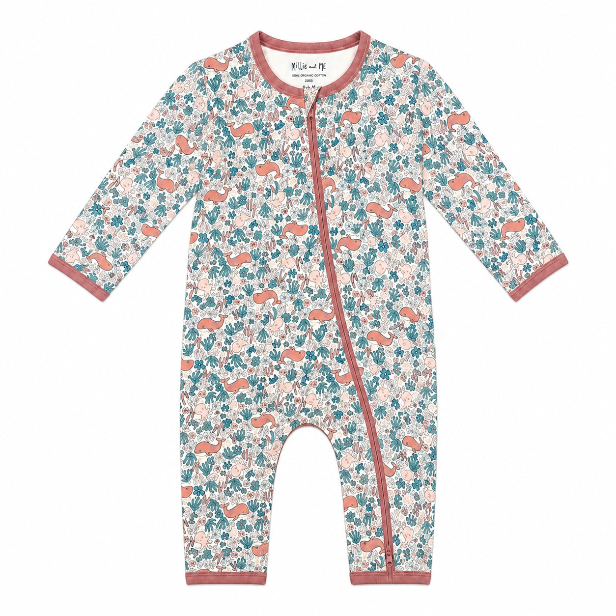 A baby long-sleeve footless one-piece sleeper with an all-over woodland print of foxes and leaves in teal and dusty pink on a cream background, featuring a dusty rose zipper and trim.
