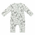 A baby long-sleeve footless zip-up sleeper in off-white, featuring an all-over black line art print of safari animals including giraffes, zebras, lions, and elephants. The brand 'Millie and Me' is printed inside the collar.