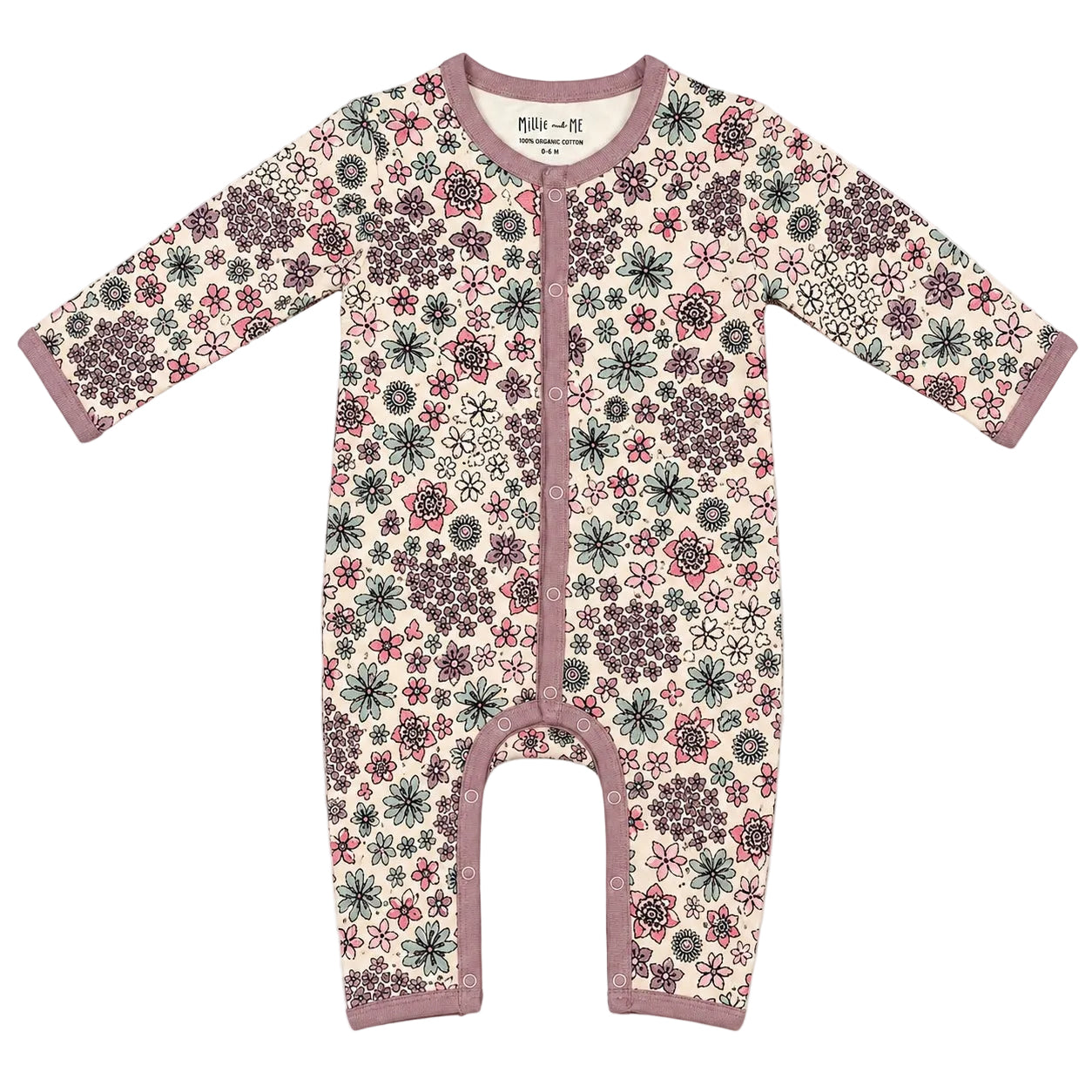 A baby long-sleeve footless one-piece sleeper with an all-over floral pattern in muted pink, green, and grey on a cream background, featuring dusty rose trim and a snap closure down the front. The brand 'Millie and Me' is visible on the inner neck label.