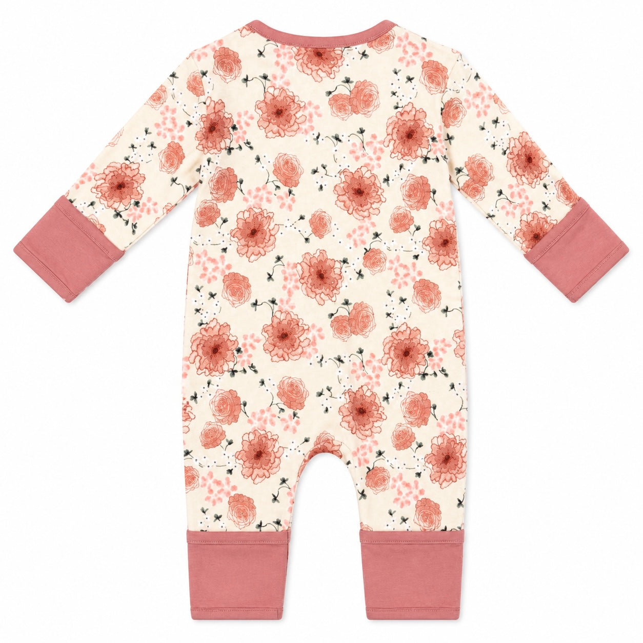 A baby long-sleeve footless one-piece jumpsuit with a cream background, a dusty rose and terracotta floral pattern, and solid dusty rose cuffs and leg cuffs, shown flat on a white background.