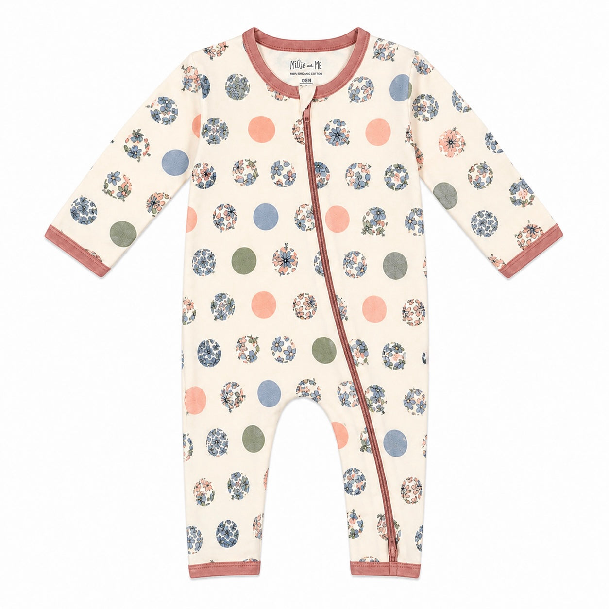 A long-sleeve baby footless one-piece sleeper with an off-white base, decorated with a pattern of polka dots and floral circles in muted blue, pink, green, and brown tones. It features a dusty rose trim along the collar, zipper placket, cuffs, and ankles.