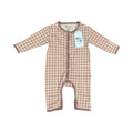 A baby long-sleeve footless romper in a brown and beige gingham check pattern, featuring a front zipper and a white paper hangtag.