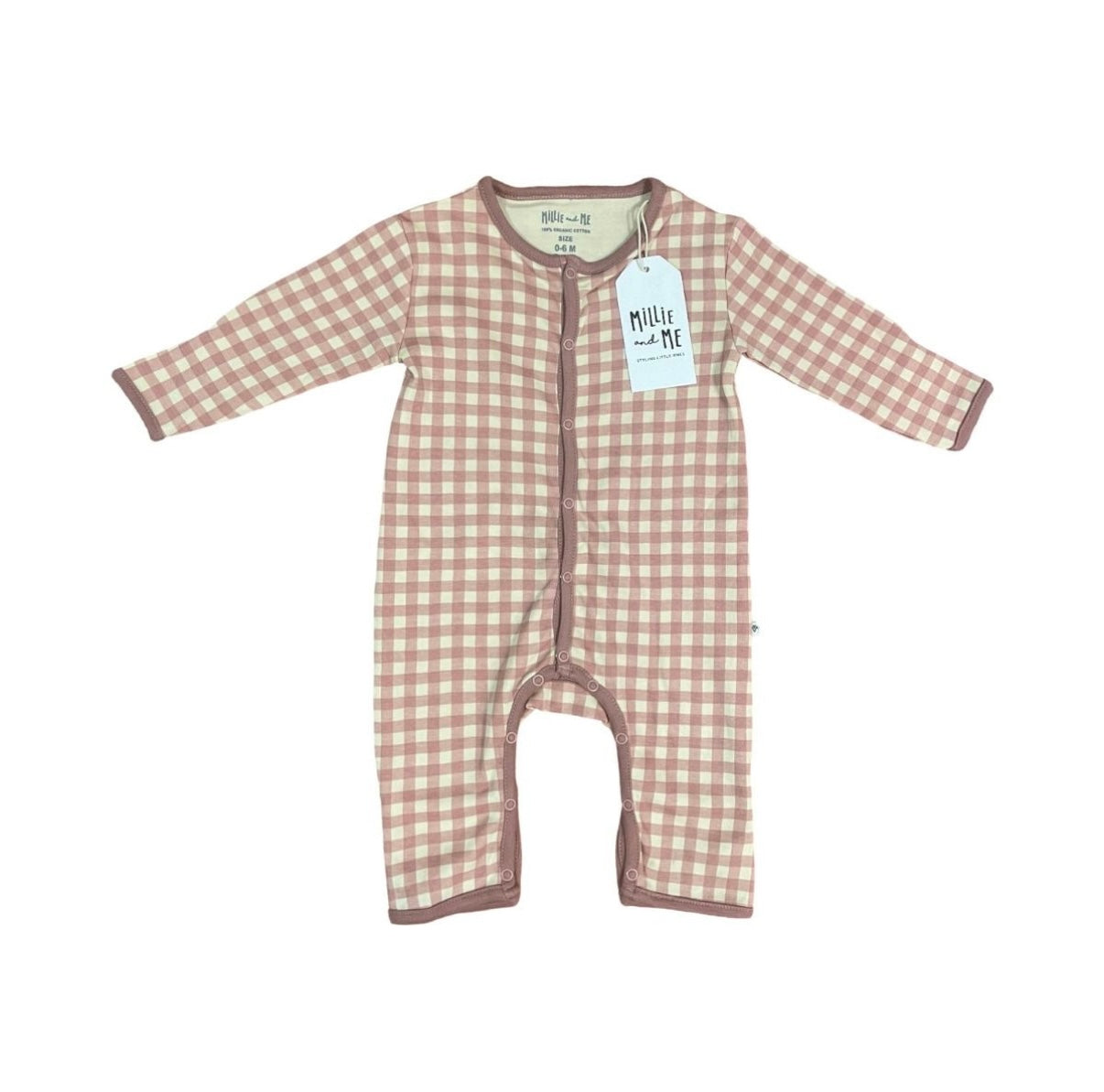 A baby long-sleeve footless romper in a brown and beige gingham check pattern, featuring a front zipper and a white paper hangtag.