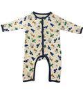 A baby long-sleeve footless one-piece sleeper in cream with a colourful space-themed print of astronauts, rockets, and planets, finished with navy blue trim.