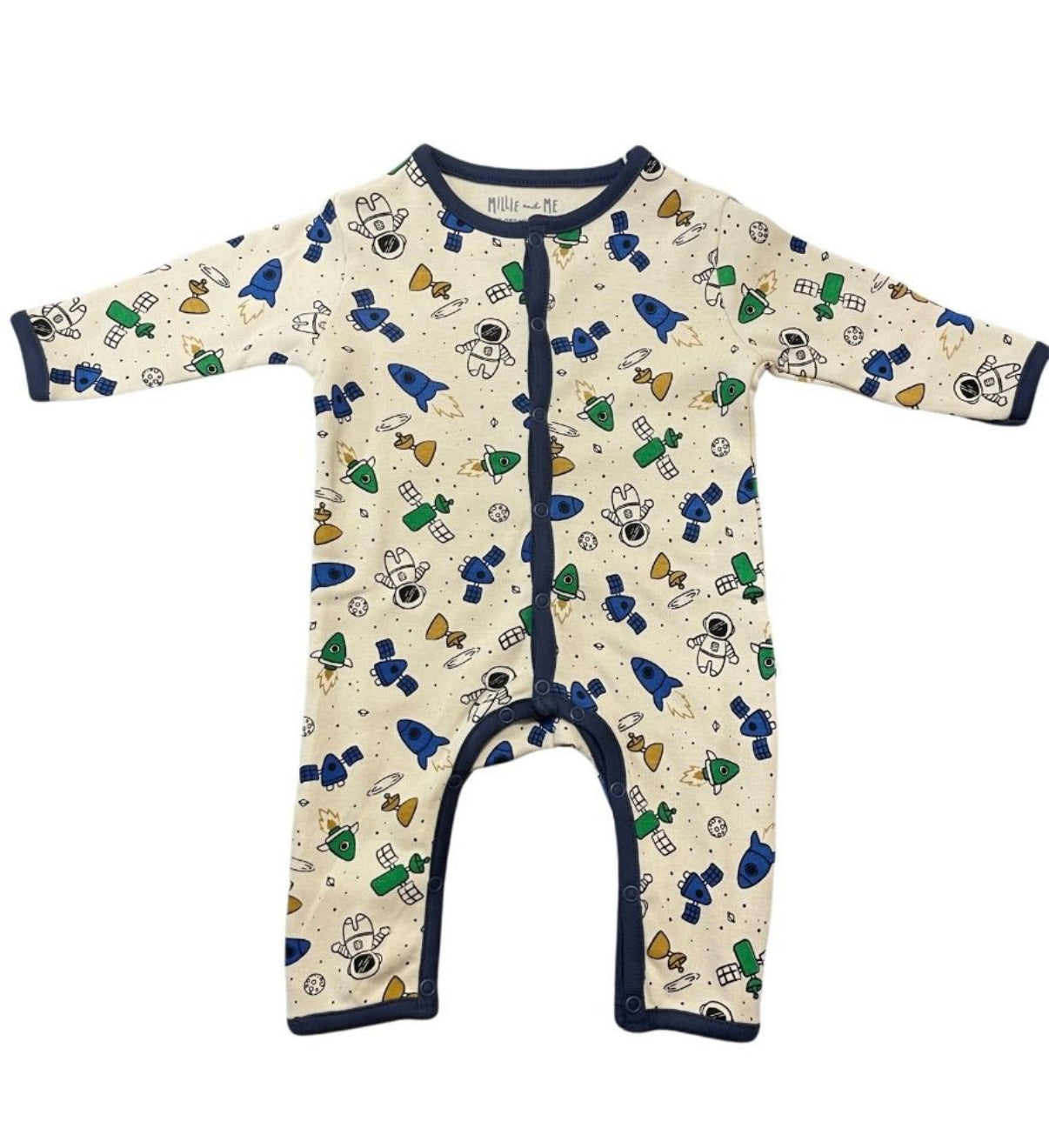 A baby long-sleeve footless one-piece sleeper in cream with a colourful space-themed print of astronauts, rockets, and planets, finished with navy blue trim.