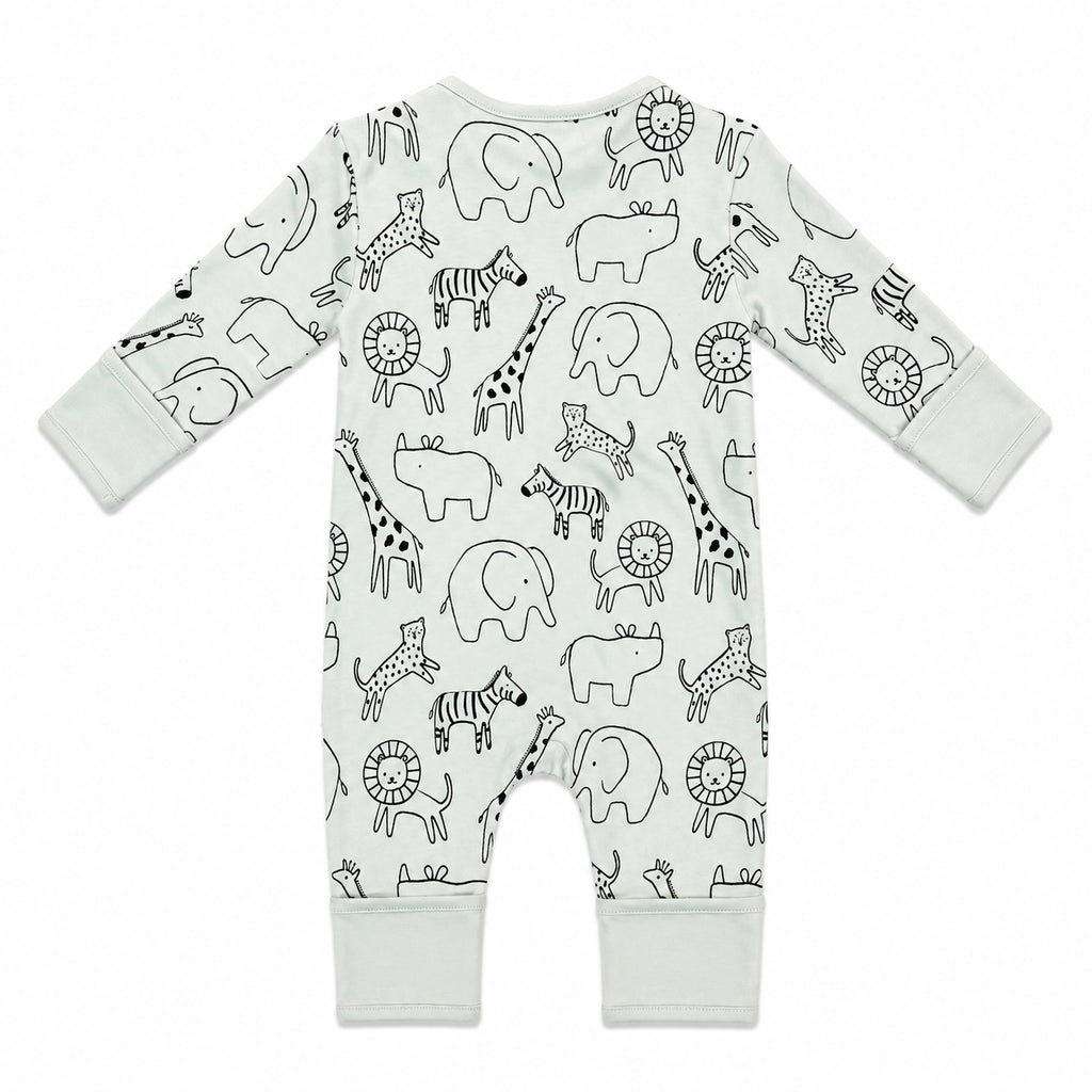 A long-sleeve baby romper in a very light mint green color, featuring an all-over black line art print of safari animals including elephants, giraffes, zebras, lions, and hippos. The romper has ribbed cuffs and foot cuffs and is photographed flat against a solid white background.