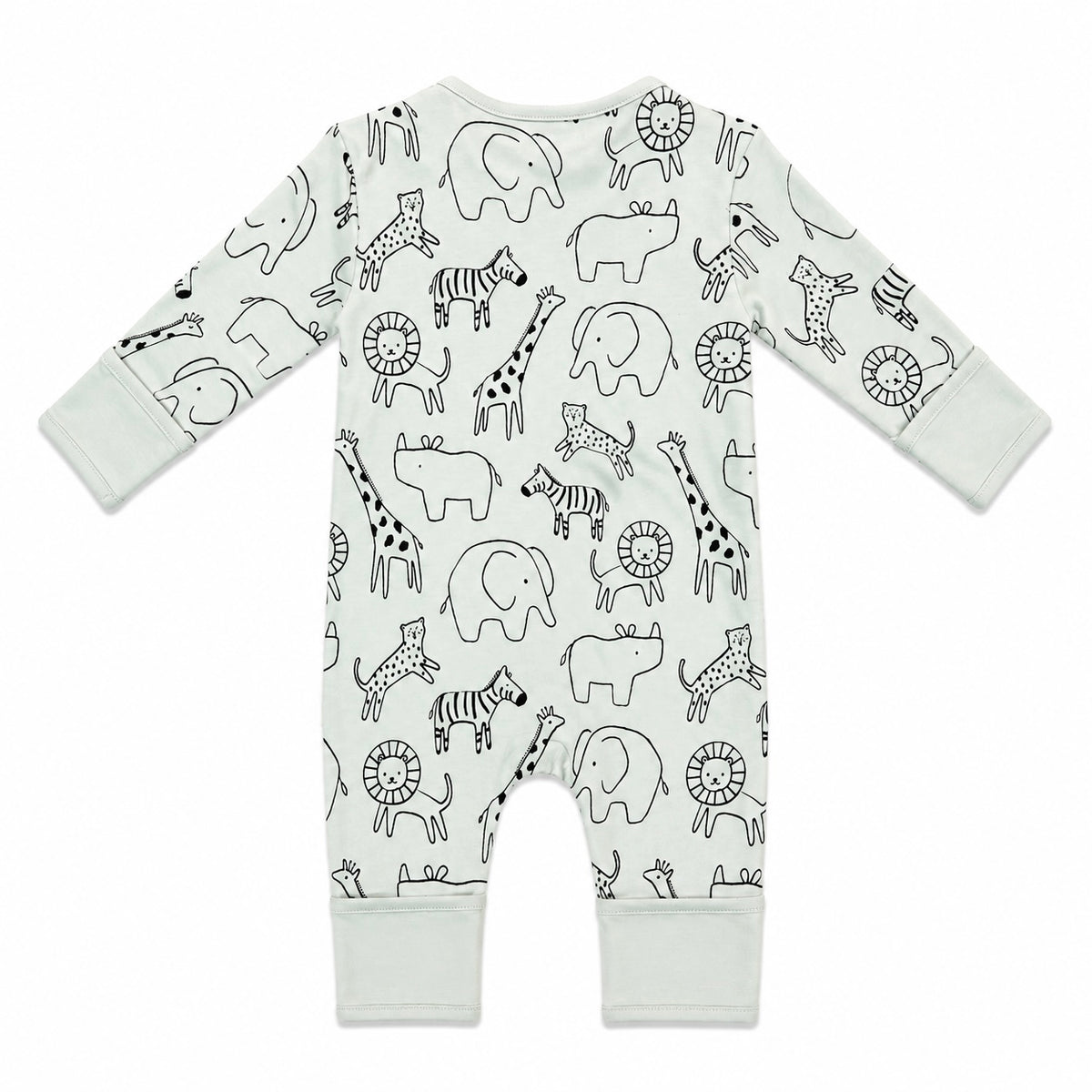 A long-sleeve baby romper in a very light mint green color, featuring an all-over black line art print of safari animals including elephants, giraffes, zebras, lions, and hippos. The romper has ribbed cuffs and foot cuffs and is photographed flat against a solid white background.