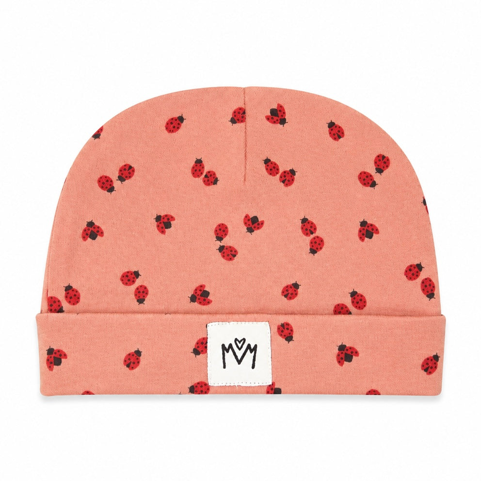 Baby beanie hat in blush pink with red ladybug print, organic cotton, Millie and Me