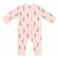 A light pink long-sleeve baby footless one-piece sleeper with an allover daffodil print, featuring a front zipper closure.