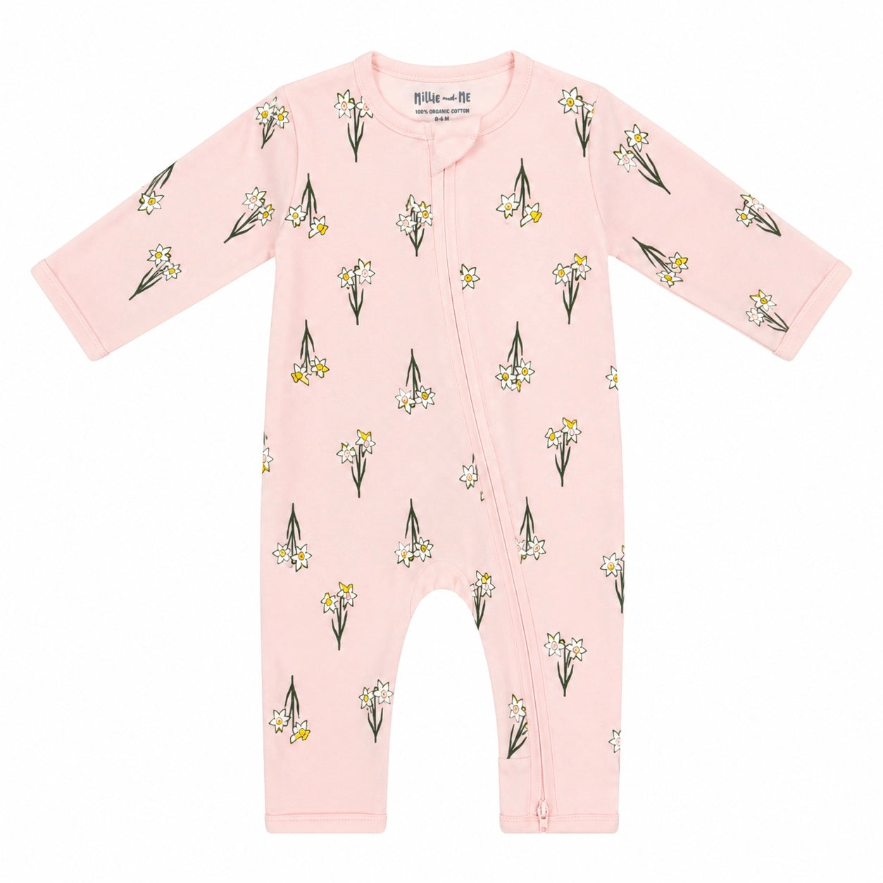 A light pink long-sleeve baby footless one-piece sleeper with an allover daffodil print, featuring a front zipper closure.