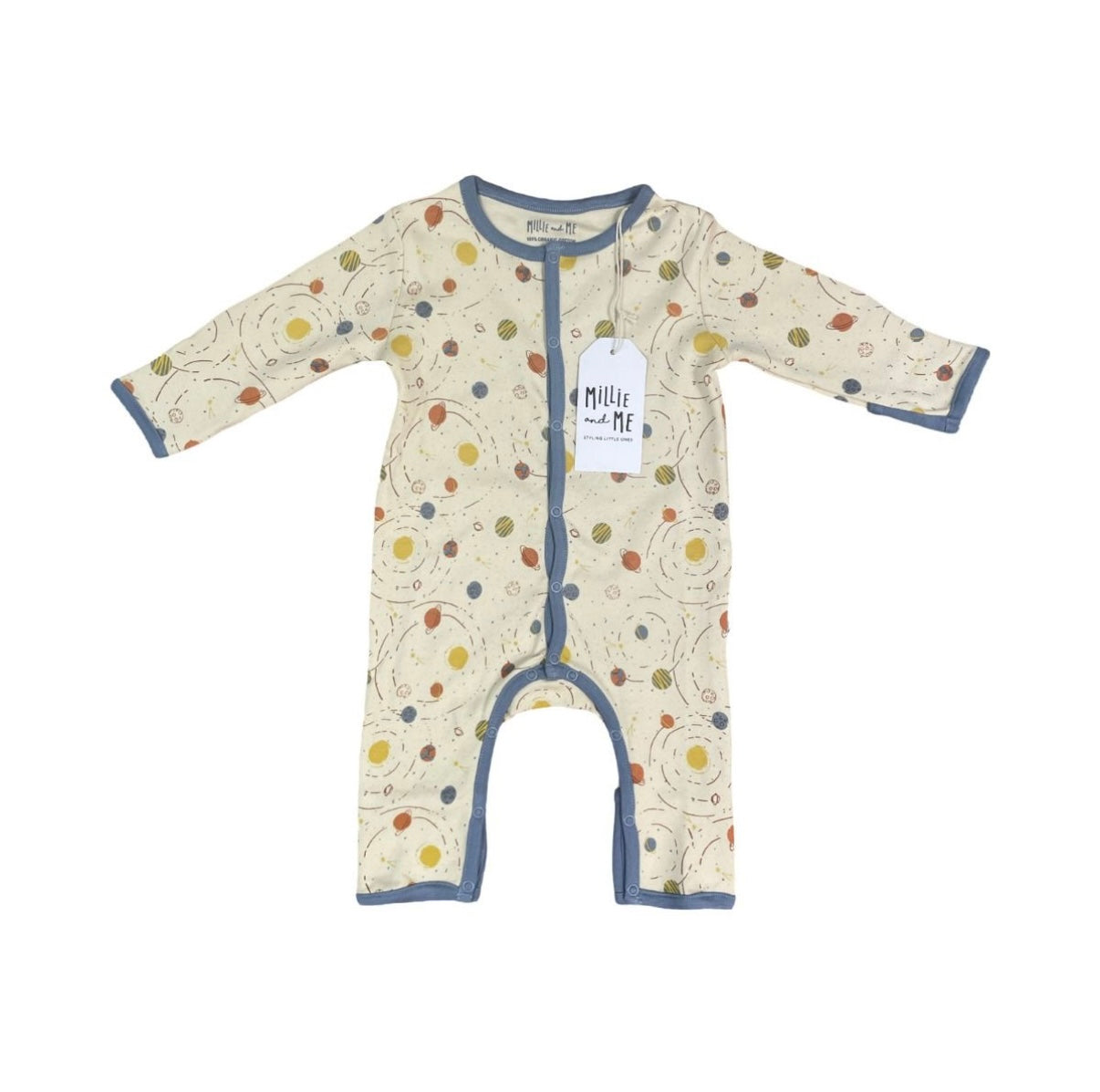 A baby long-sleeve footless sleep sack with an off-white background, decorated with a colorful pattern of small circles and swirls, finished with slate blue trim and featuring a white paper tag.