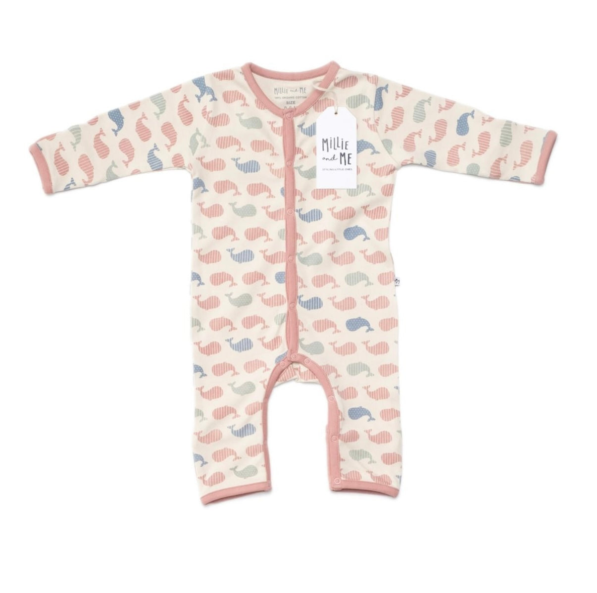 A long-sleeve baby footless romper in cream with a pattern of pink, blue, and green seahorses, featuring pink trim and a white hangtag.