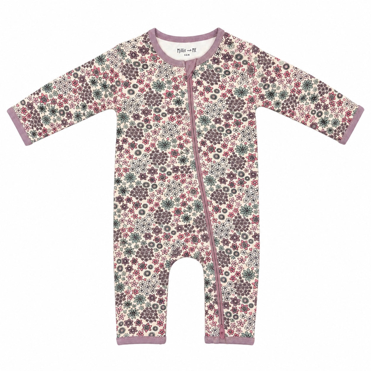 A baby long-sleeve footless one-piece sleeper with an all-over floral print in dusty pink, mauve, and olive green on a cream background, featuring a matching mauve zipper and trim.