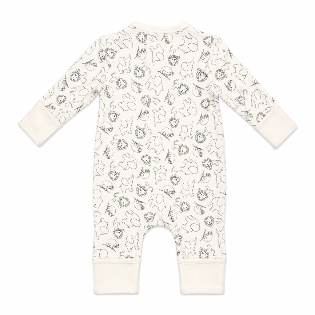 A baby long-sleeve footless romper in off-white with an all-over black line art print of cartoon animals, shown flat on a white background.