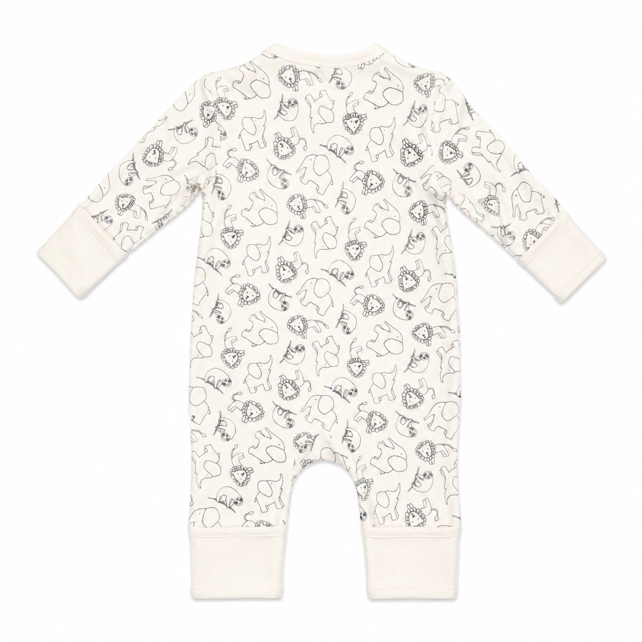 A baby long-sleeve footless romper in off-white with an all-over black line art print of cartoon animals, shown flat on a white background.