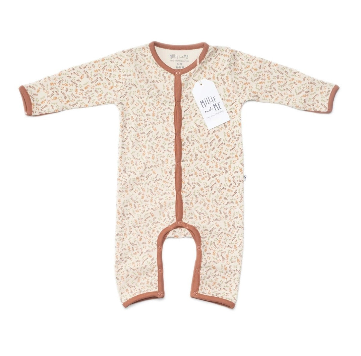 A beige and white patterned long-sleeve romper with brown cuffs.