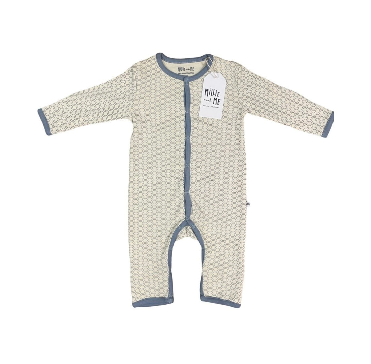 A baby long-sleeve footless sleeper with a beige and white geometric pattern and slate blue trim, featuring a white hangtag with 'Millie and Me' branding.