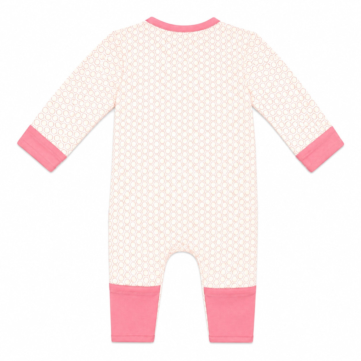 A baby long-sleeve footless romper shown from the back, featuring a white base with a light pink geometric pattern, solid pink ribbed collar, cuffs, and leg cuffs.