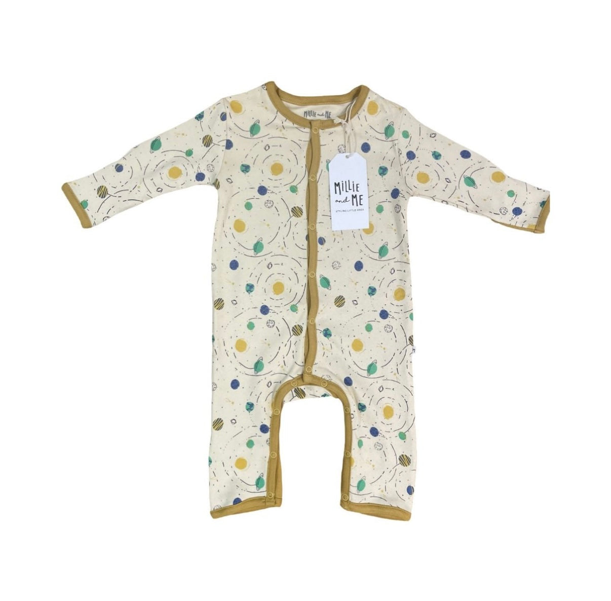 A baby long-sleeve footless romper in cream with a colourful abstract pattern of circles and swirls, finished with tan trim and a white hangtag.