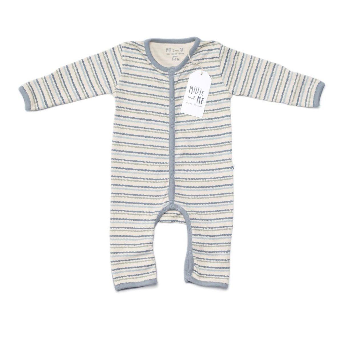 A baby long-sleeve footless romper with horizontal blue and gray stripes on a cream background, featuring a grey snap closure and a white hangtag.