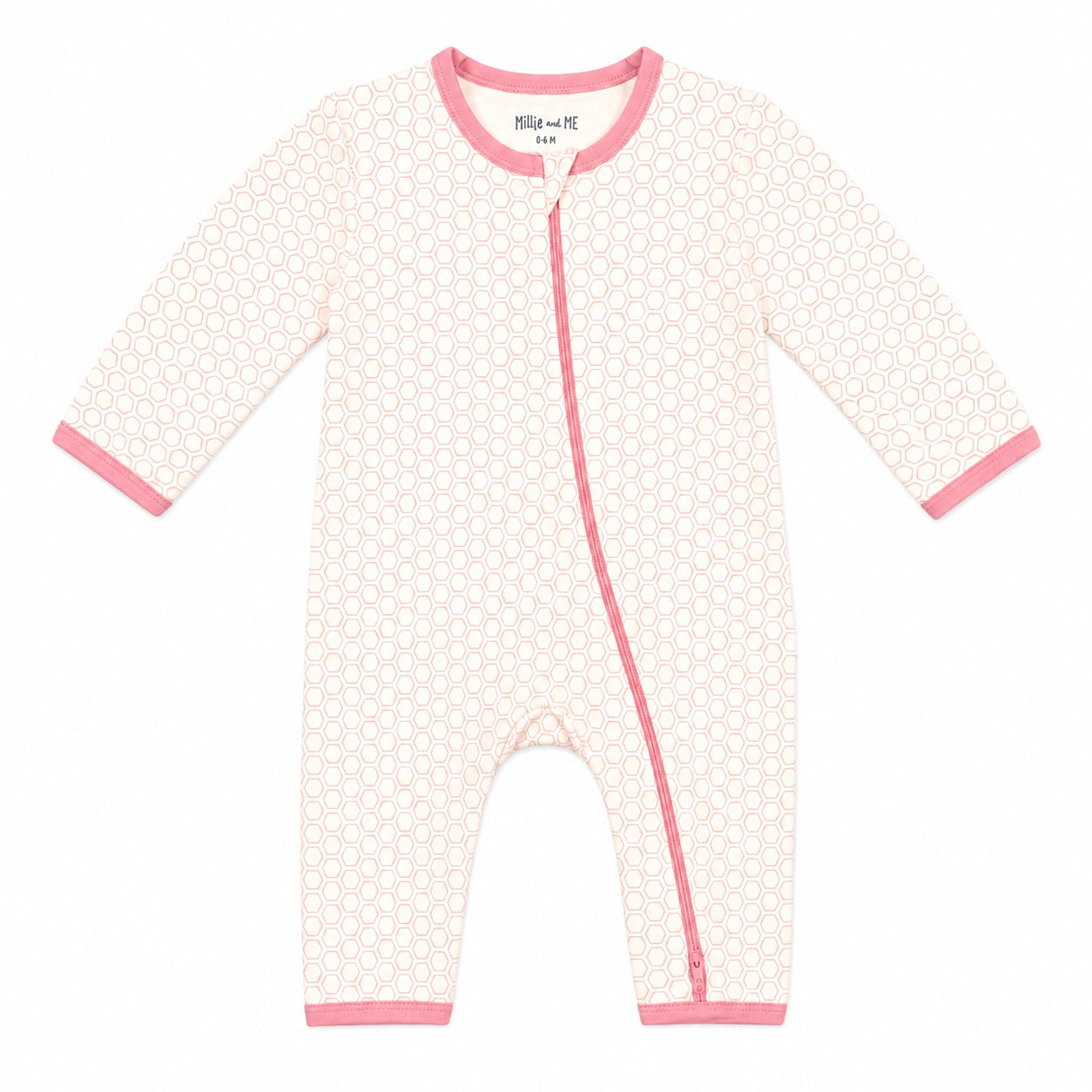 A baby long-sleeve footless sleeper in a white and pink geometric pattern, featuring pink trim on the collar, zipper, cuffs, and hem.