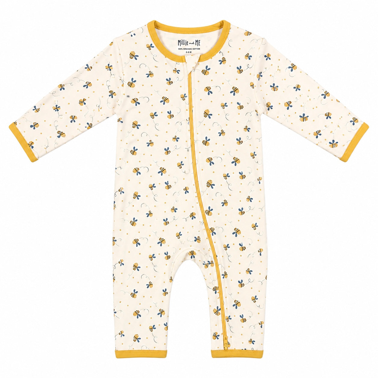 A baby long-sleeve footless one-piece sleeper in cream with a yellow and blue bee pattern, yellow trim, and a yellow zipper closure. The brand 'Millie and Me' is visible on the inner neck label.