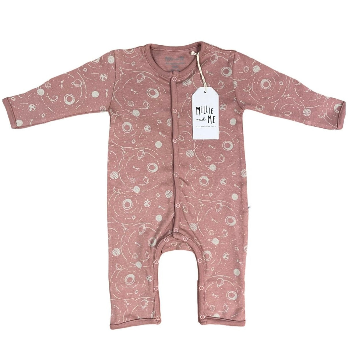 A baby long-sleeve footless one-piece sleeper in dusty rose pink with a white abstract swirl pattern, featuring a white paper brand tag that reads 'Millie and Me'.