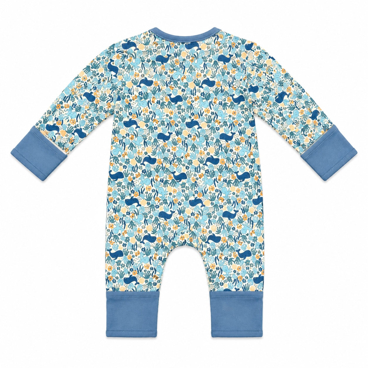 A baby long-sleeve footless romper with a light blue and white woodland animal print, featuring solid medium blue cuffs and leg bands, shown flat on a white background.