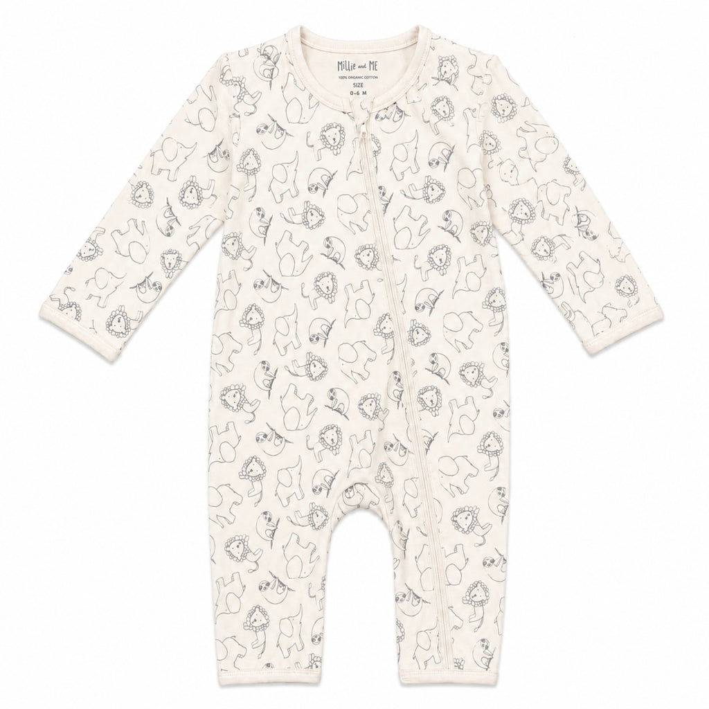 An off-white long-sleeve baby footless one-piece sleeper with an all-over black line art print of various animals, shown flat on a white background.