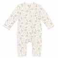 An off-white long-sleeve baby footless one-piece sleeper with an all-over black line art print of various animals, shown flat on a white background.