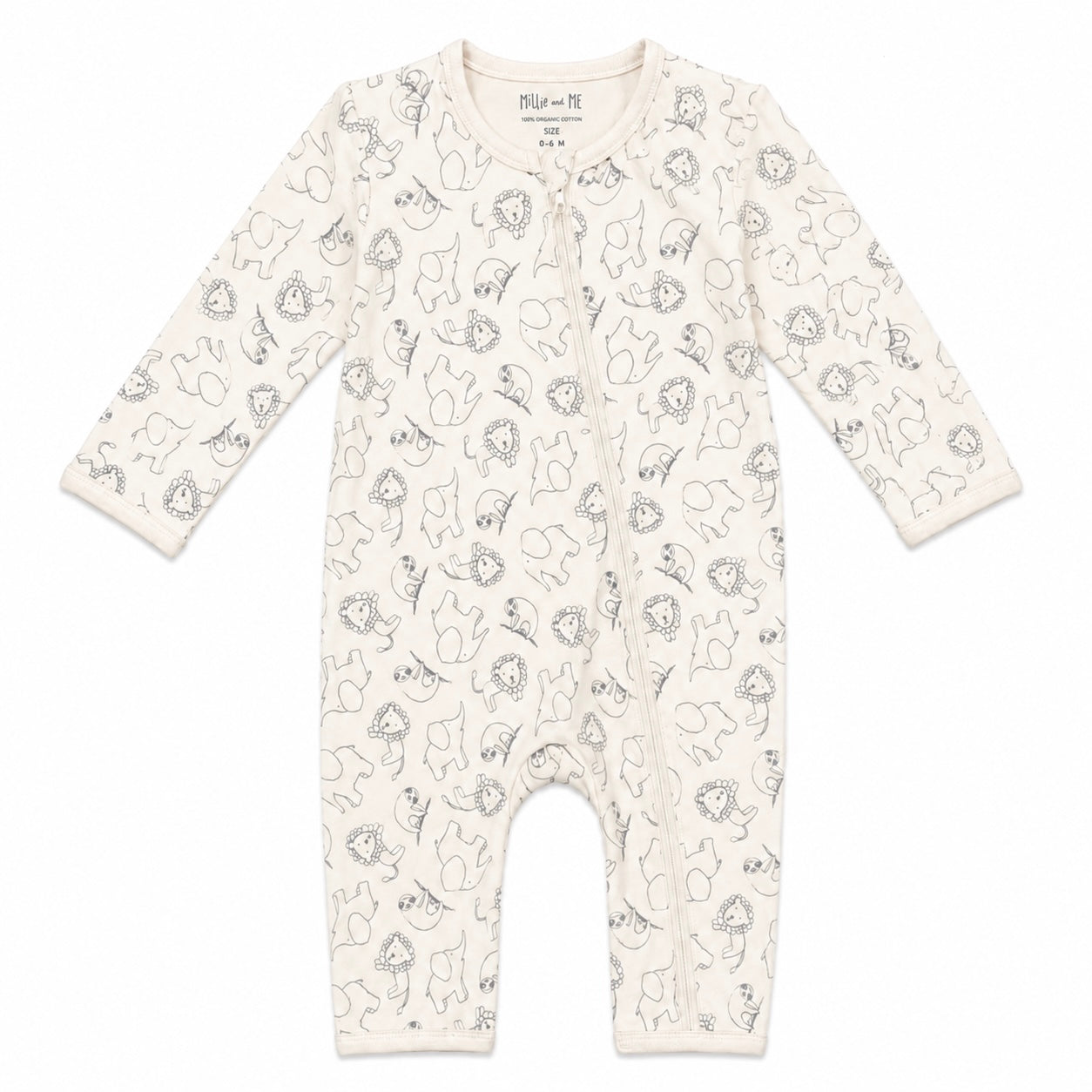 An off-white long-sleeve baby footless one-piece sleeper with an all-over black line art print of various animals, shown flat on a white background.