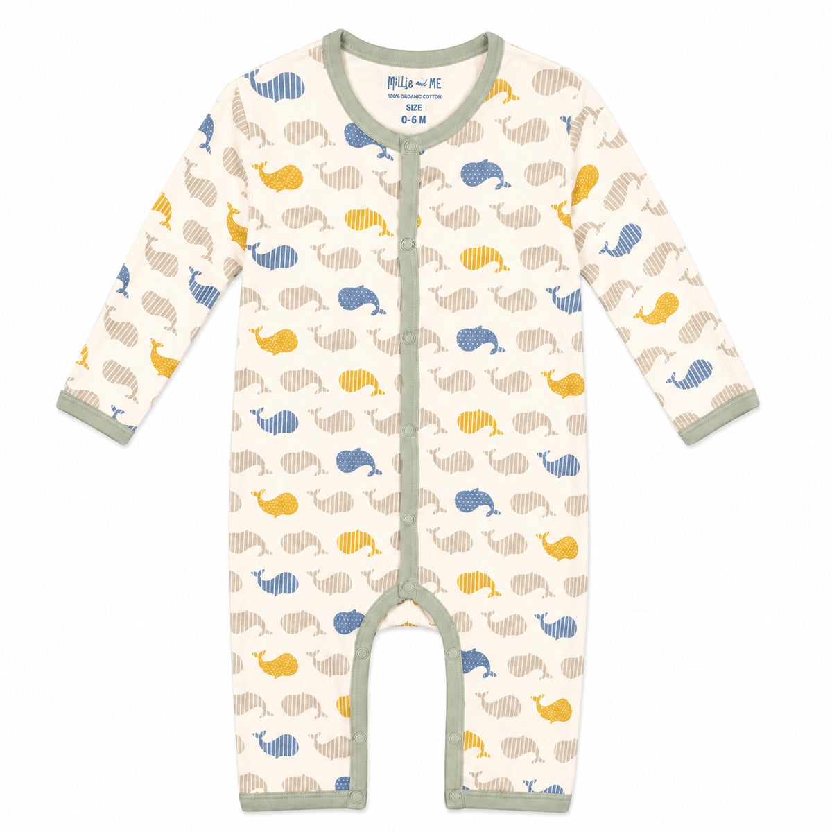 A baby long-sleeve footless one-piece romper with an allover whale print on an off-white background. The whales are patterned in blue, mustard yellow, and beige.