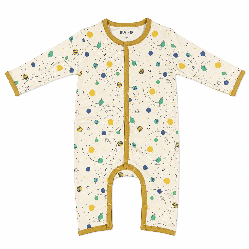 A baby long-sleeve footless sleeper with an off-white background and a colorful space-themed print of planets, stars, and dots. It features mustard yellow trim along the zipper, cuffs, and leg openings.