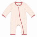 Cream and pink organic cotton baby zip romper with honeycomb print, long sleeves and two-way style front zip fastening by Millie and Me.