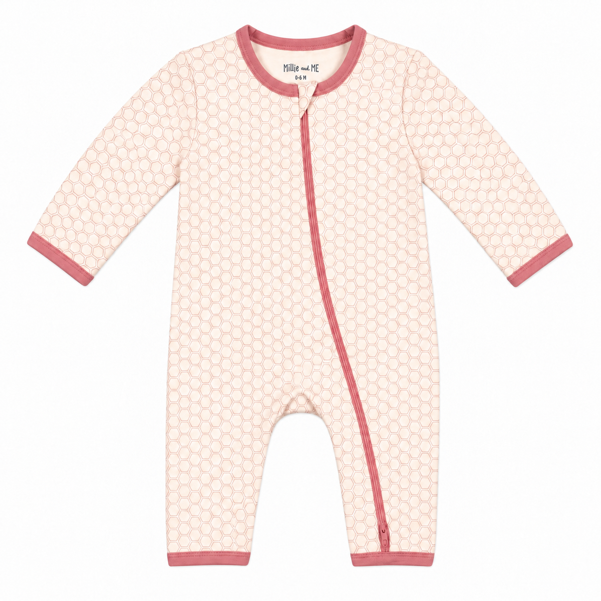Cream and pink organic cotton baby zip romper with honeycomb print, long sleeves and two-way style front zip fastening by Millie and Me.