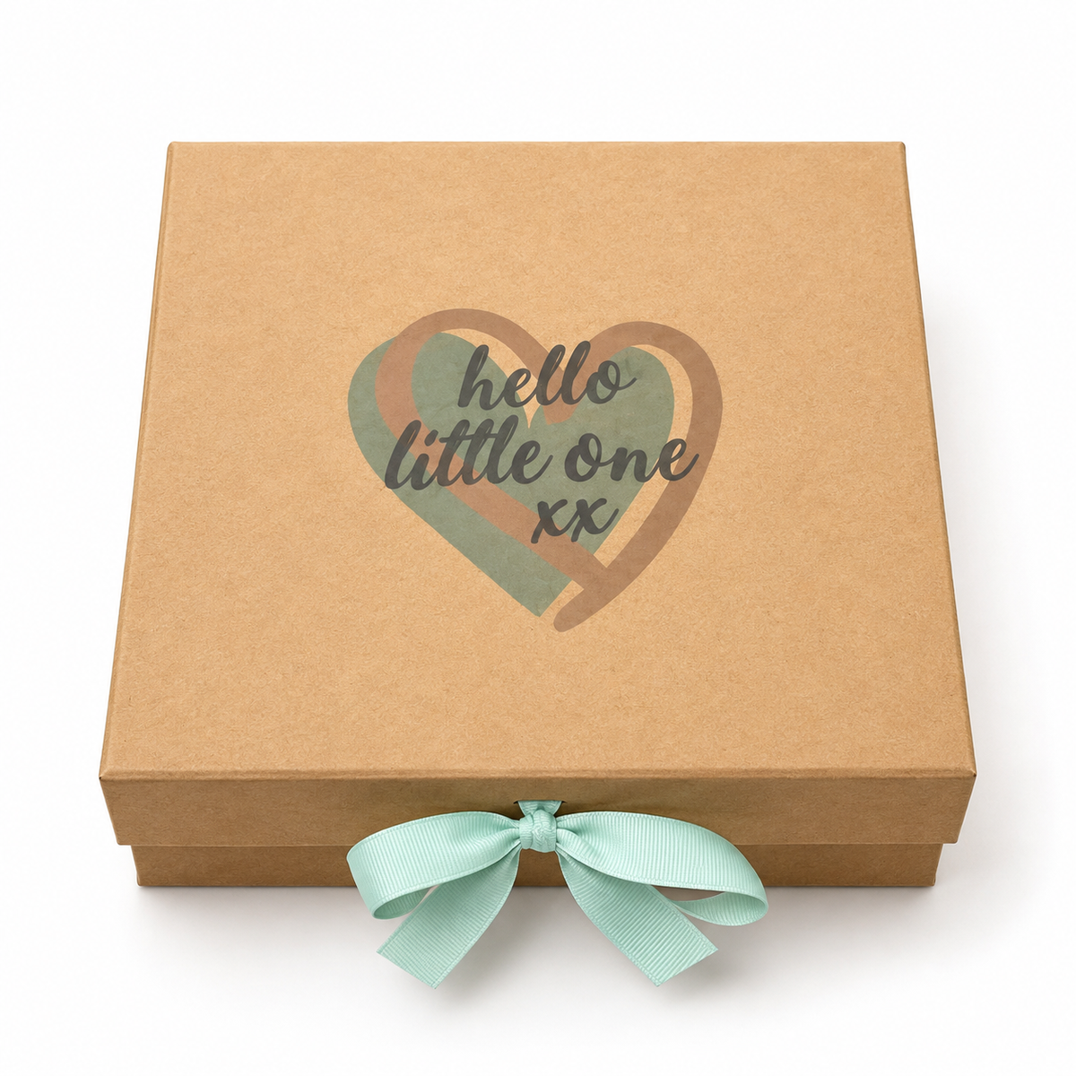 A square kraft paper gift box with a mint green ribbon tied in a bow at the front. The lid features a heart design with the text 'hello little one xx' in dark gray lettering.