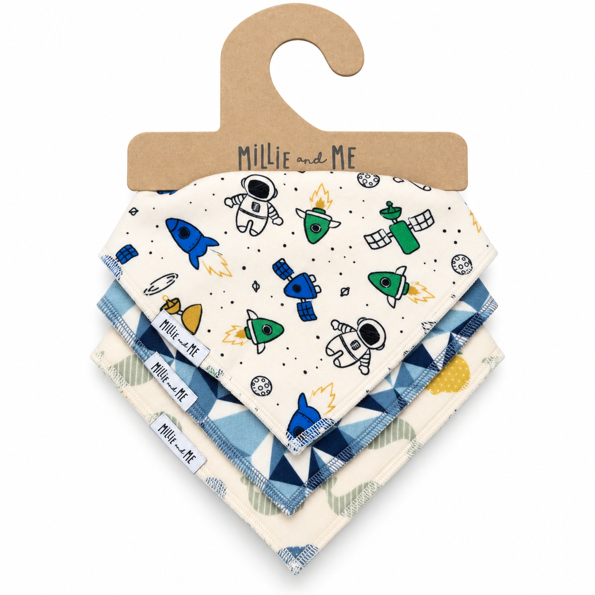 Millie and Me organic cotton bandana bib trio in space rocket prints, featuring astronauts, colourful rockets and geometric patterns. Adjustable baby dribble bibs, perfect for newborns and baby gifts.