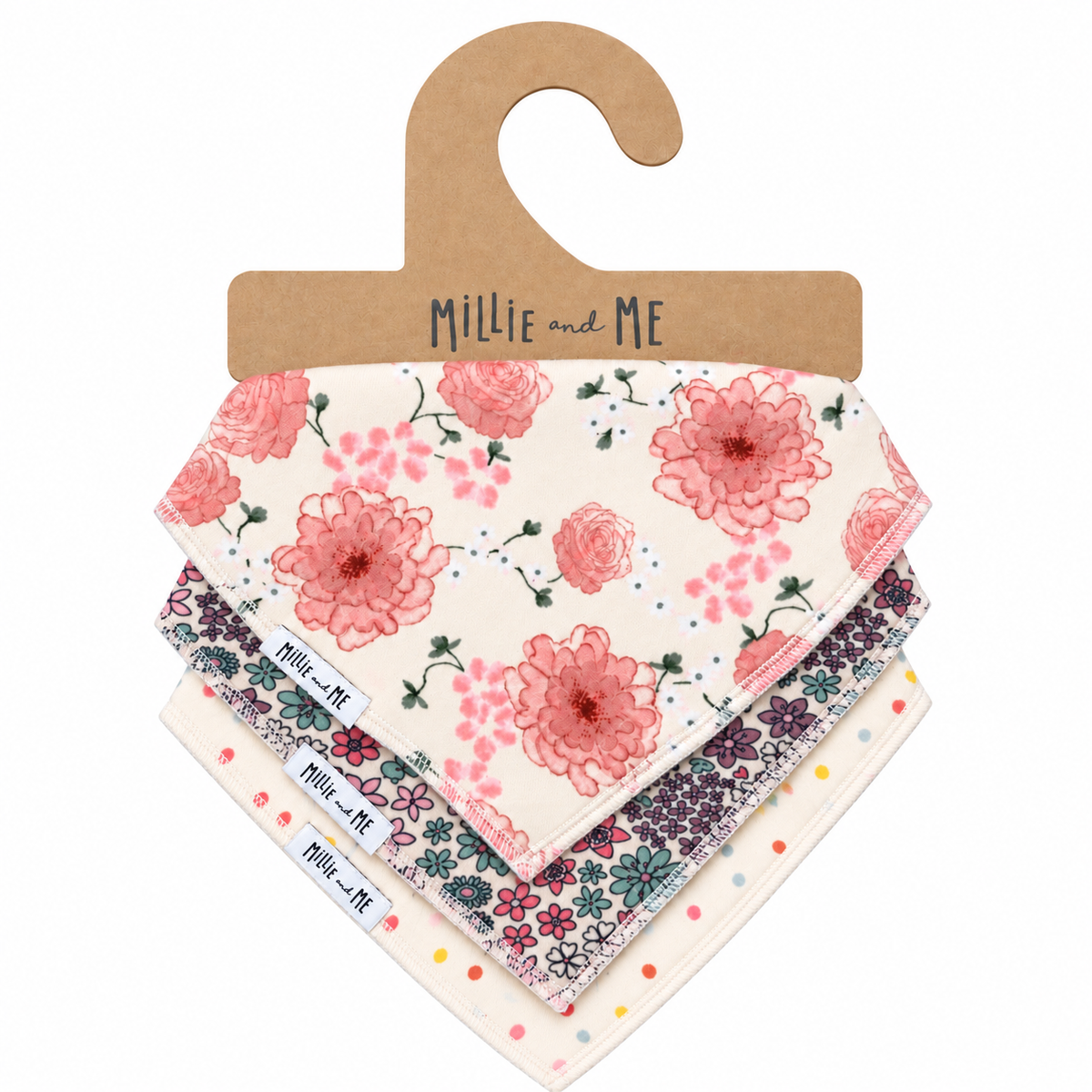 Millie and Me organic cotton bandana bib trio in pink floral prints, featuring rose and daisy designs on cream fabric. Adjustable baby dribble bibs, perfect for newborns and baby gifts.