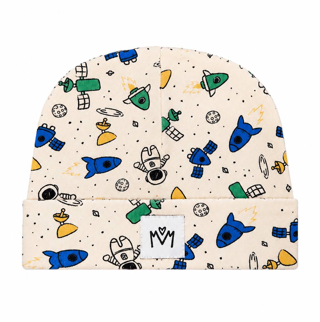 A folded beanie hat with a cream-colored background and an all-over cartoon space-themed print featuring blue rockets, green planets, white astronauts, and black stars. A white square brand patch with the letters 'MM' is stitched on the front cuff.
