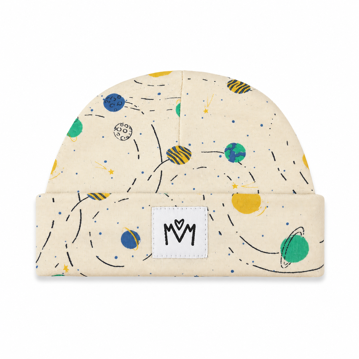 A cream-colored knit beanie with a space-themed print of planets, stars, and orbital paths, featuring a white square patch on the folded cuff with a black 'M' logo.