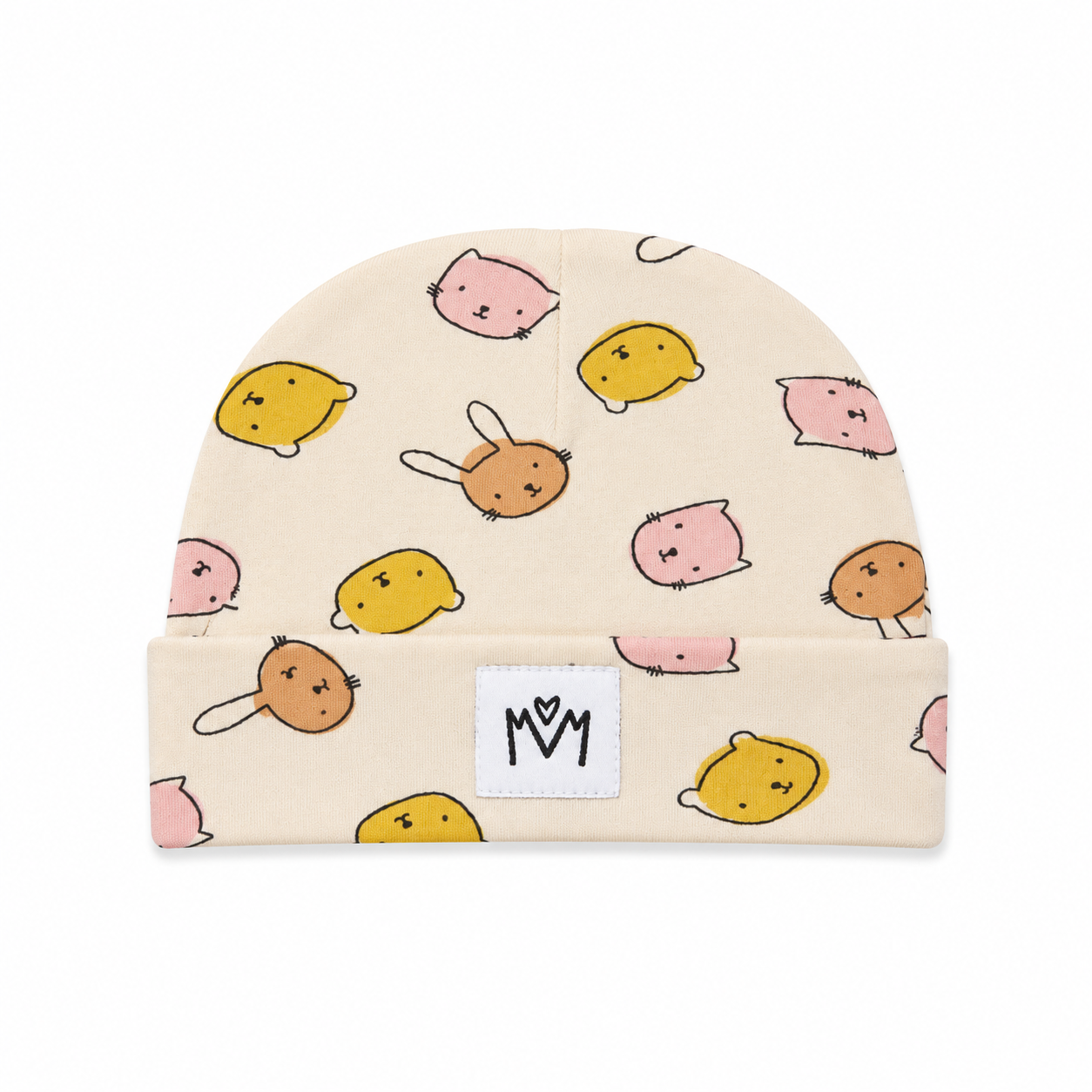 A cream-colored baby beanie hat featuring a playful pattern of cute cartoon animals like hamsters, rabbits, and cats in pink, yellow, and orange. It has a folded cuff with a white square patch displaying the stylized 'M' logo.