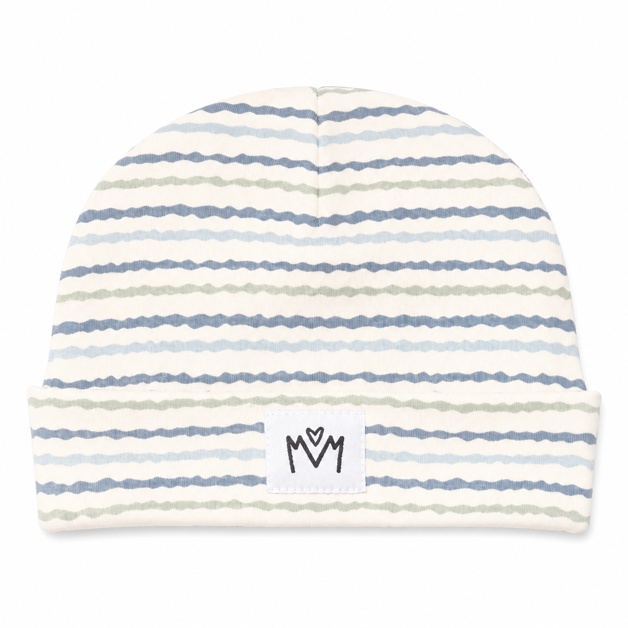 A knit beanie hat with horizontal wavy stripes in light blue, dusty blue, and sage green on an off-white background. It features a folded cuff with a small white square patch displaying a black stylized 'M' logo.