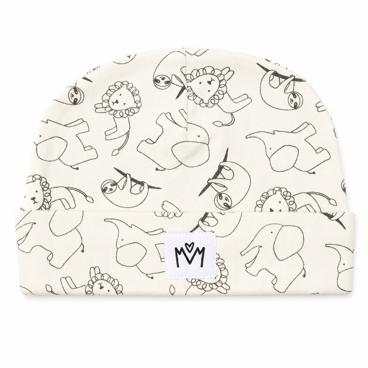 An off-white knit baby beanie with a black line art pattern of cartoon animals, featuring a white fabric patch with a black 'MM' logo on the folded cuff.