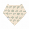 A triangular bandana bib with a repeating pattern of sage green elephants on a warm cream background. The bib features two styles of elephant prints: solid sage green and a pattern of small dots, and another with diagonal stripes.