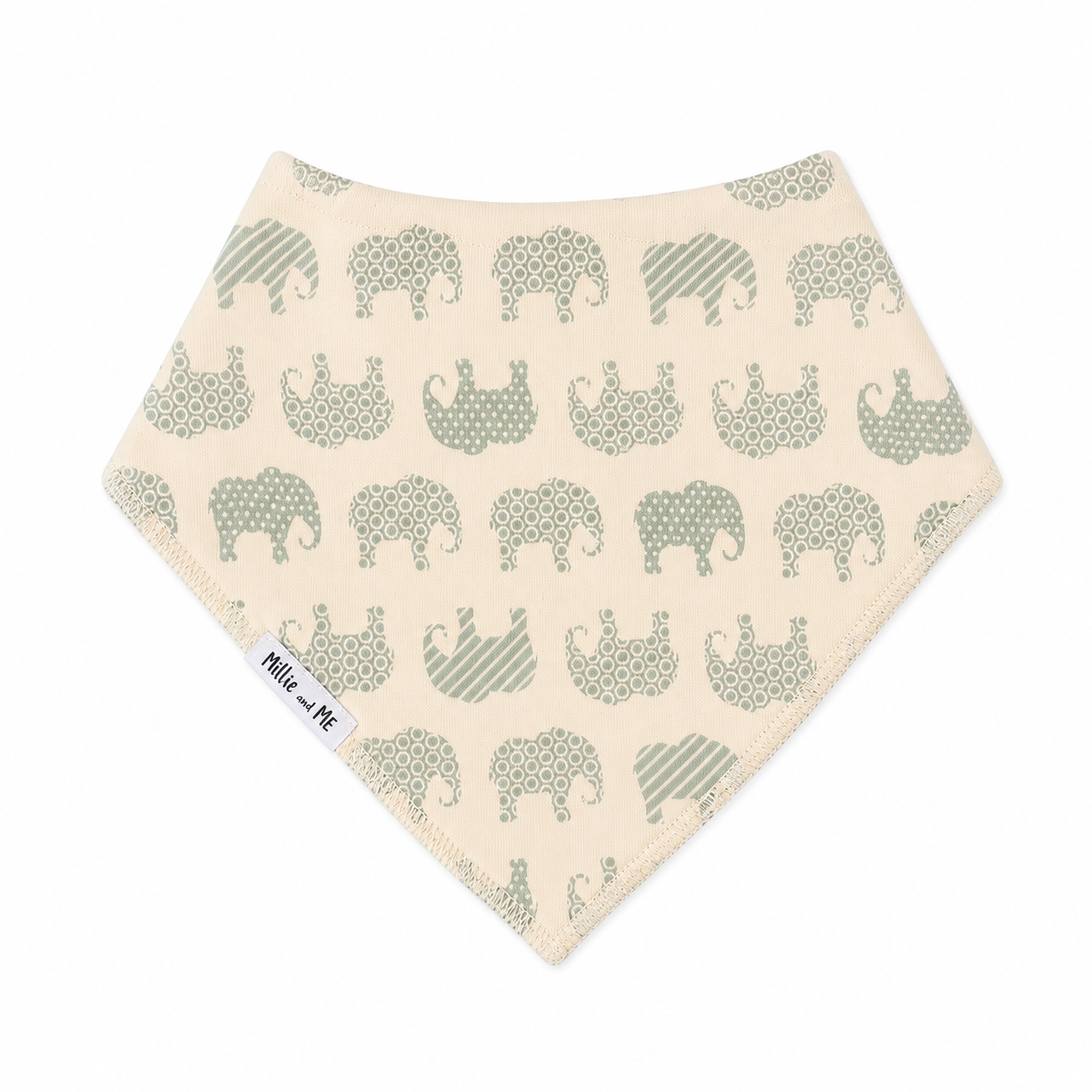 A triangular bandana bib with a repeating pattern of sage green elephants on a warm cream background. The bib features two styles of elephant prints: solid sage green and a pattern of small dots, and another with diagonal stripes.