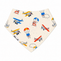 A triangular baby bandana bib in cream with a colourful pattern of vintage airplanes and hot air balloons, featuring the 'Mille and Me' brand label.